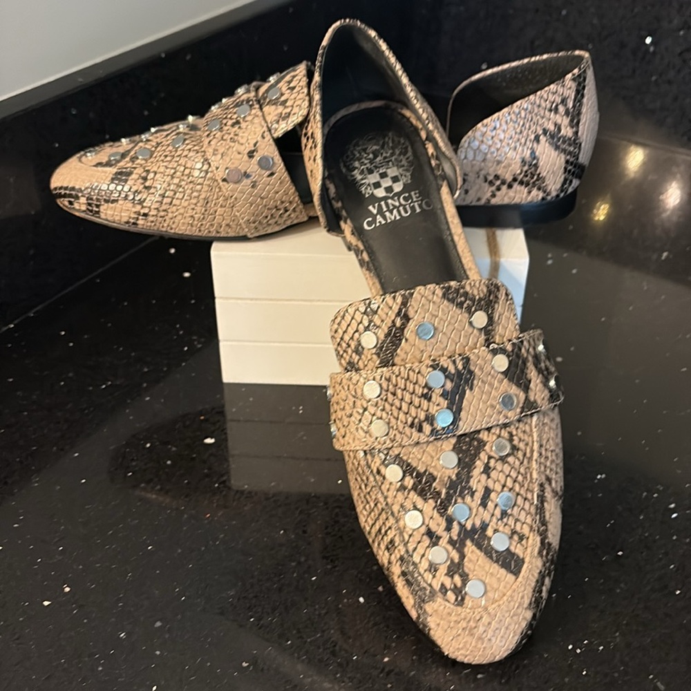 Vince Camuto Taupe Snakeskin Leather Two Piece Silver Studded Flats WENERLY